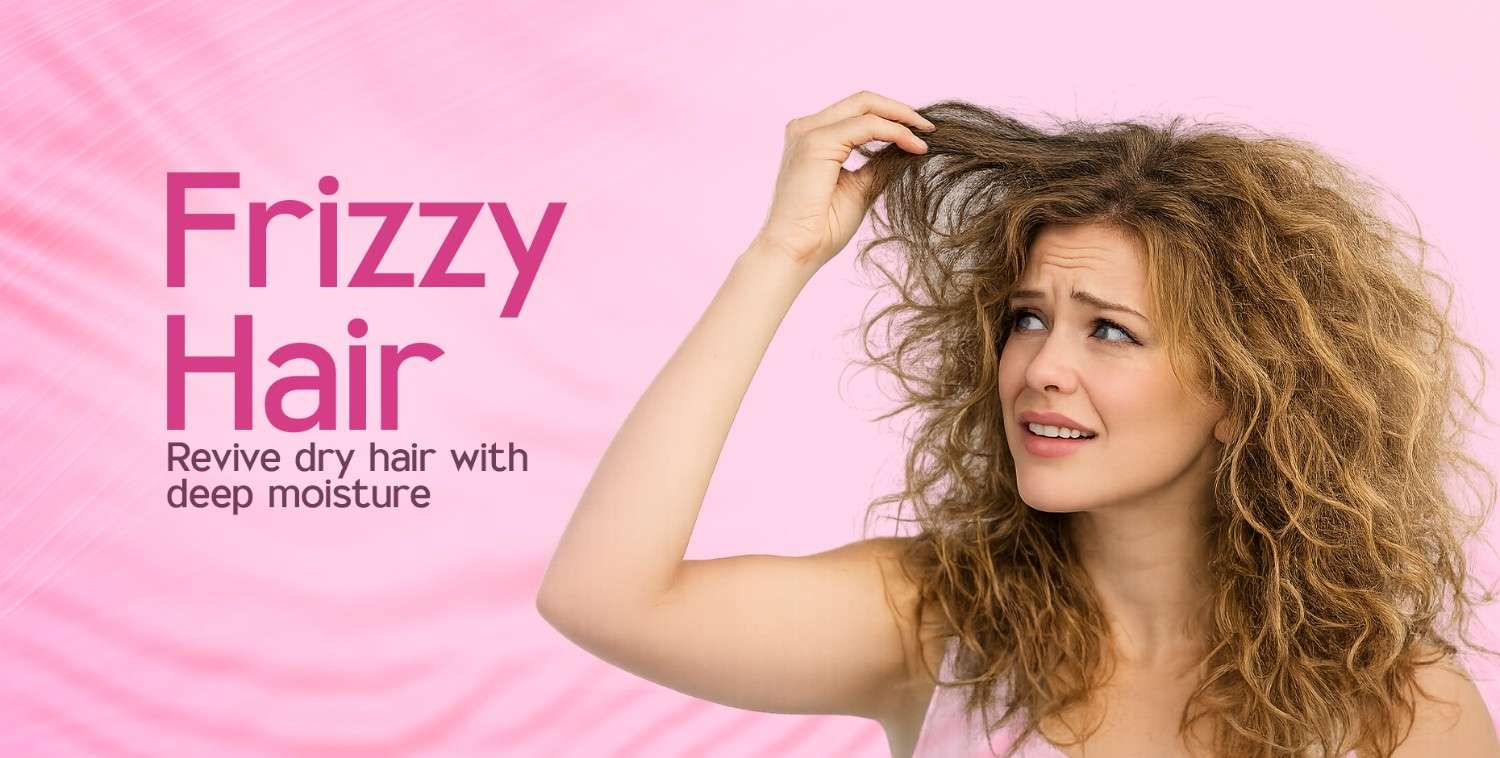 Woman with frizzy, dry hair looking frustrated, on a vibrant pink background.