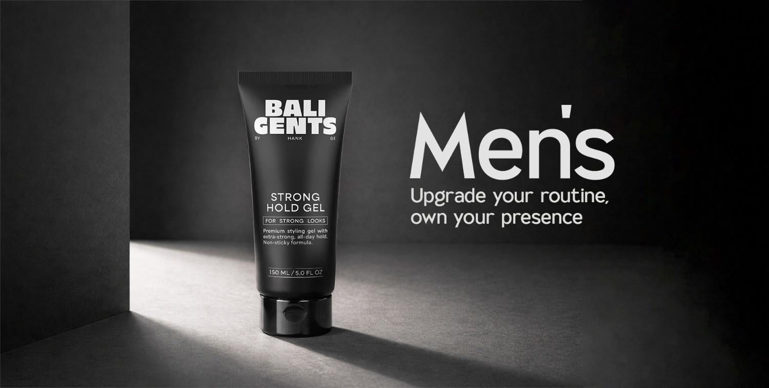 Sleek black tube of Bali Gents Strong Hold Gel on a dark, minimalist background.
