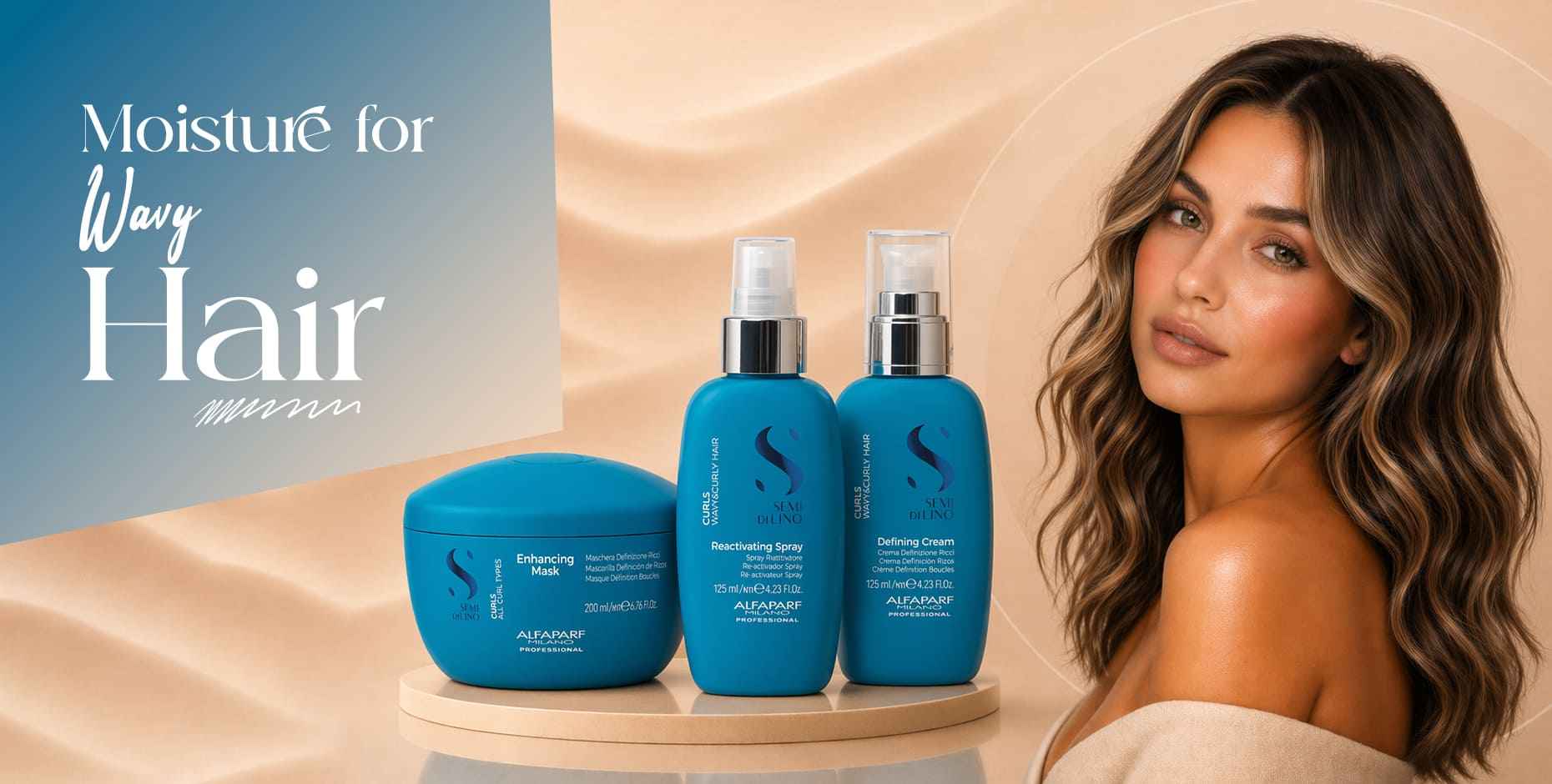 Wavy hair collection: blue mask, spray, and cream bottles with a woman showcasing healthy waves.