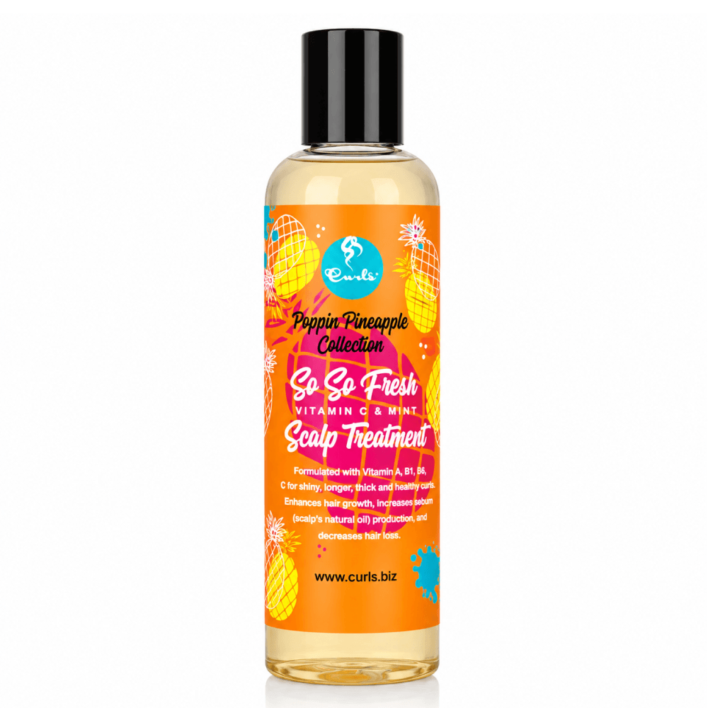 Curls Poppin Pineapple So So Fresh Vitamin C + Mint Scalp Treatment, 118ml bottle with orange label and pineapple design.