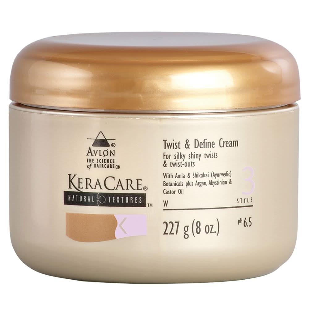 KeraCare Natural Textures Twist & Define Cream in a light beige jar with a metallic gold lid.