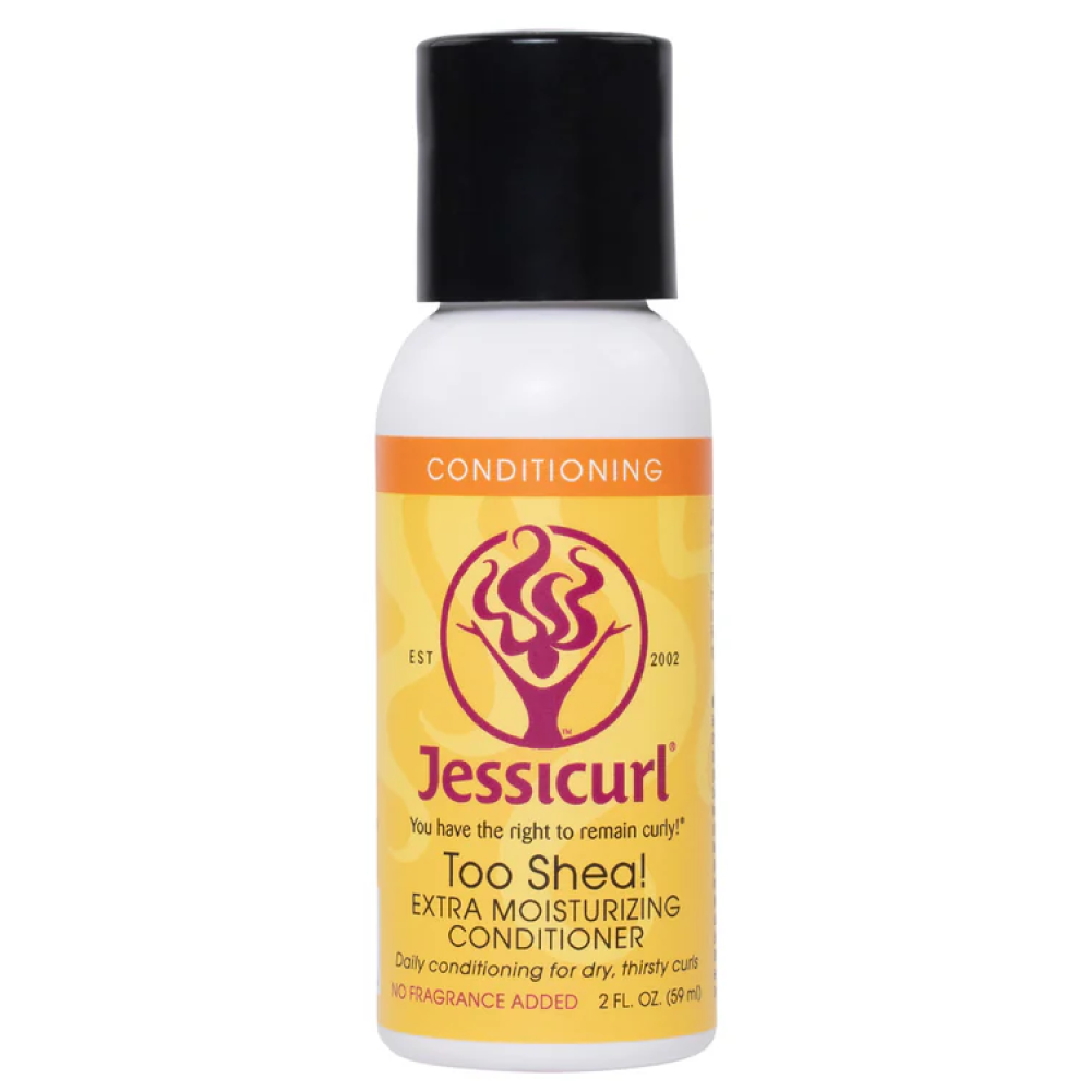 White Jessicurl Too Shea! Extra Moisturizing Conditioner bottle with yellow label and black flip-top cap.
