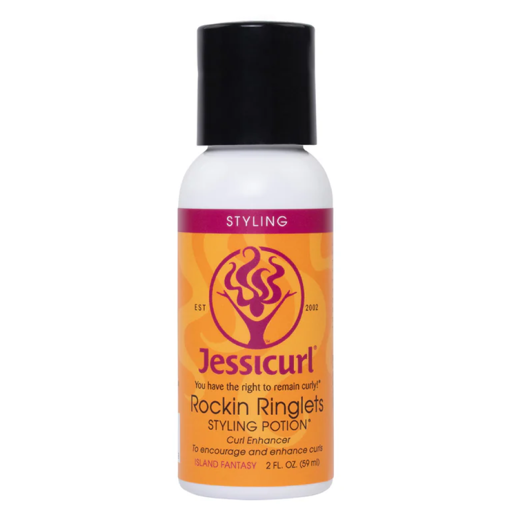 Jessicurl Rockin' Ringlets Styling Potion in a white bottle with an orange and purple label, black cap.