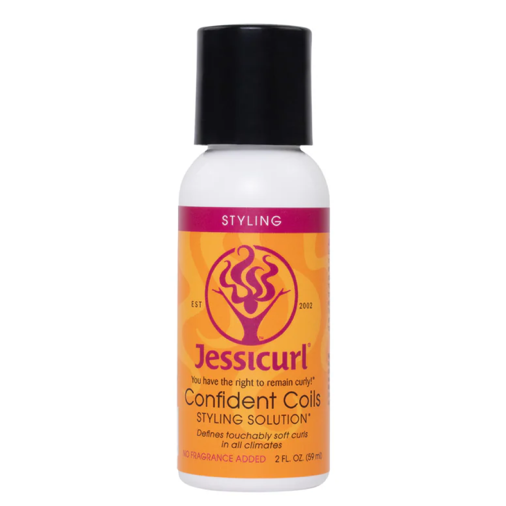 White Jessicurl Confident Coils Styling Solution bottle with orange label and black cap.