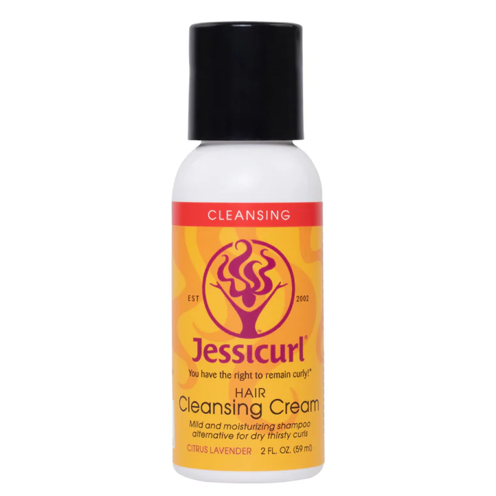 White Jessicurl Hair Cleansing Cream bottle with black cap, orange and red label, 2 fl. oz. size.