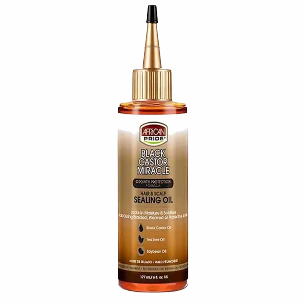 African Pride Black Castor Miracle Sealing Oil in a clear 177ml bottle with a gold and black applicator.