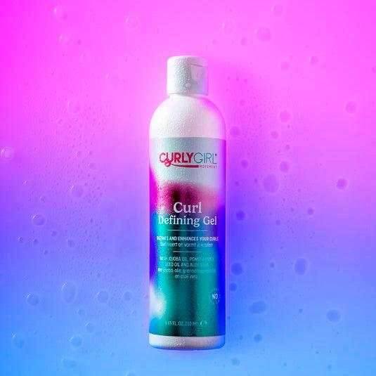 Curly Girl Movement Curl Defining Gel 250ml bottle with pink and blue label on a vibrant gradient background.