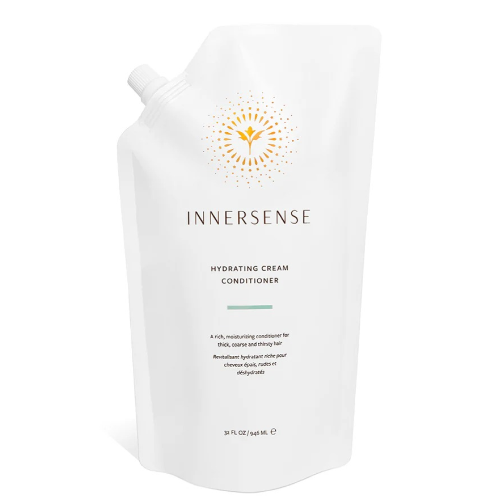 White Innersense Hydrating Cream Conditioner refill pouch with orange sun logo and text.