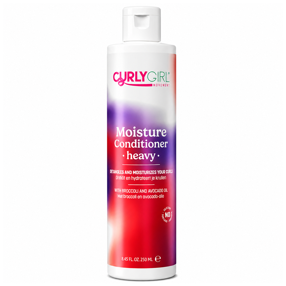 White 250ml Curly Girl Movement Moisture Conditioner Heavy bottle with a vibrant red and purple label.