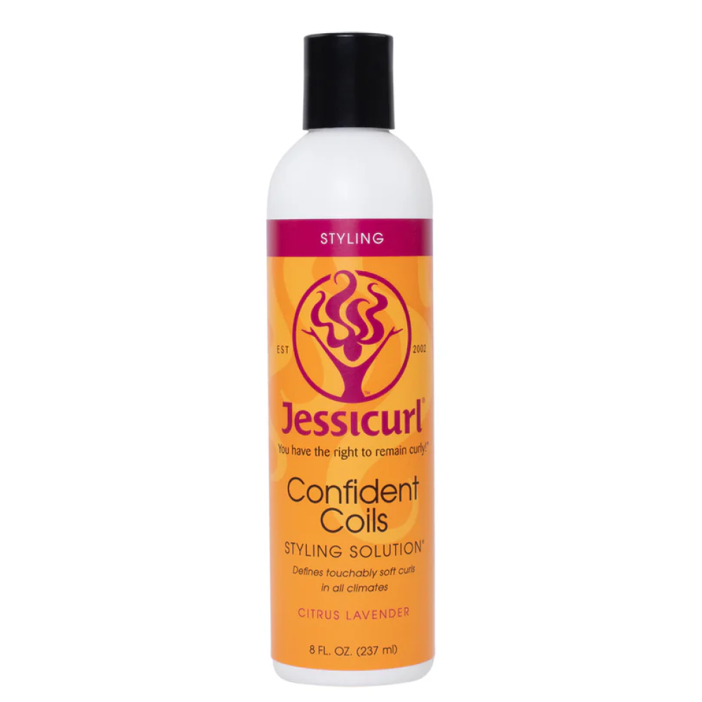 White Jessicurl Confident Coils Styling Solution bottle with orange and pink label, black cap.