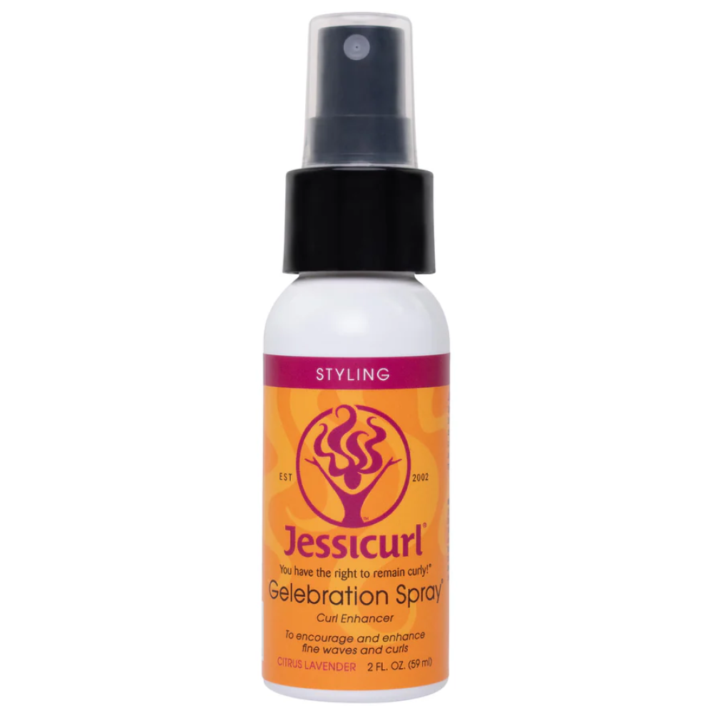 White Jessicurl Gelebration Spray bottle with orange and purple label, black spray top.