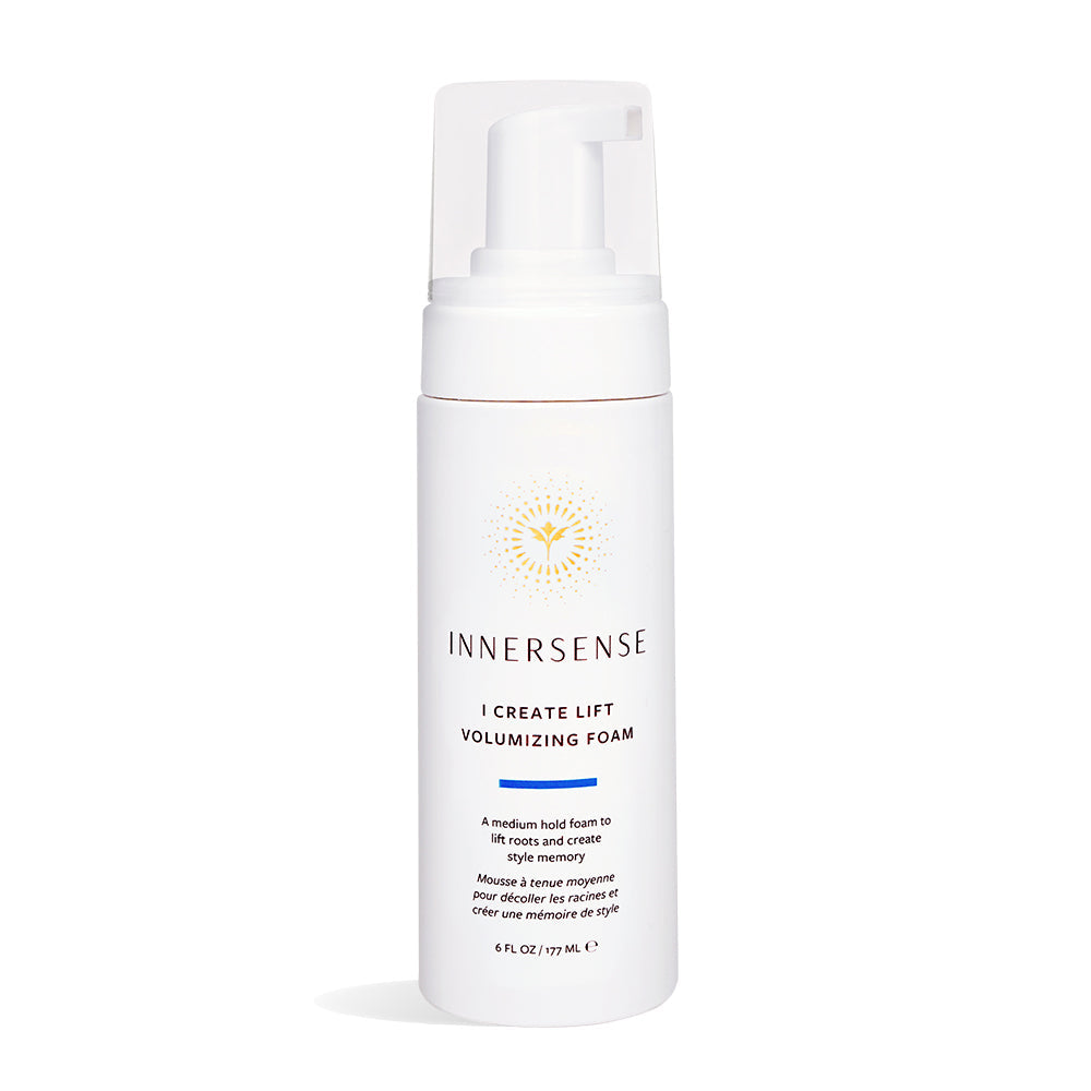White Innersense I Create Lift Volumizing Foam bottle with gold sun logo and blue accent line.