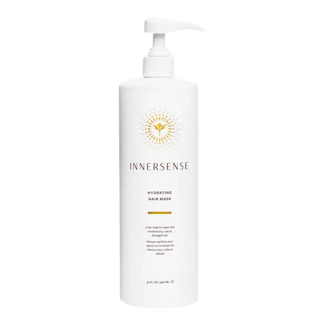 Large white Innersense Hydrating Hair Mask pump bottle with gold sunburst logo and text.