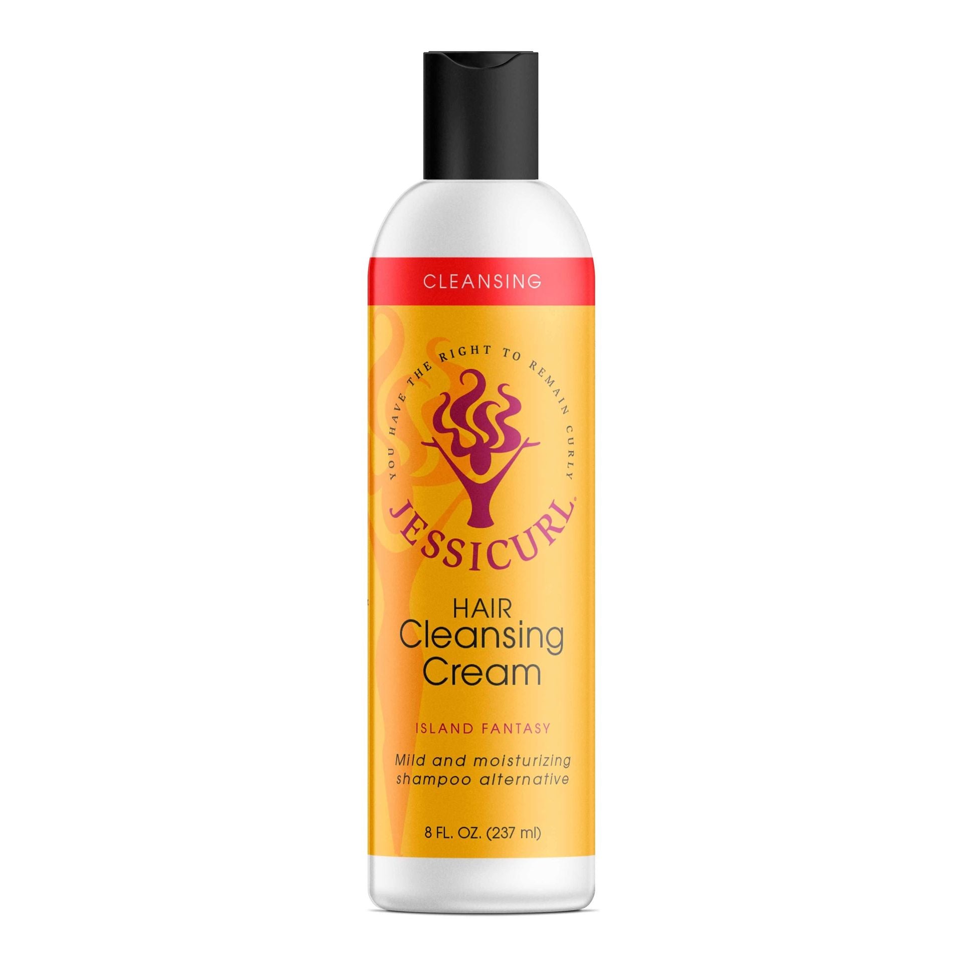 Jessicurl Hair Cleansing Cream, 8 fl oz white bottle with black cap and yellow-orange label.