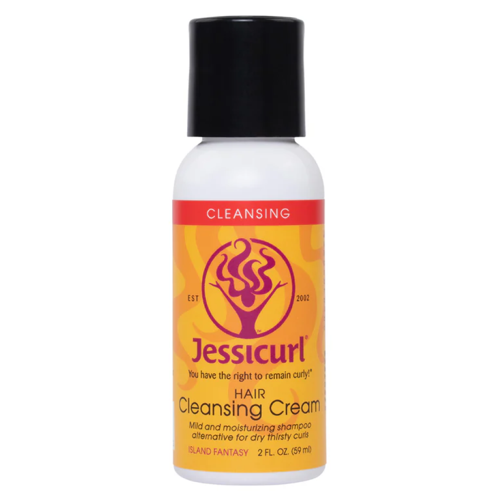 Jessicurl Hair Cleansing Cream, 2 fl oz white bottle with black cap and orange "Island Fantasy" label.