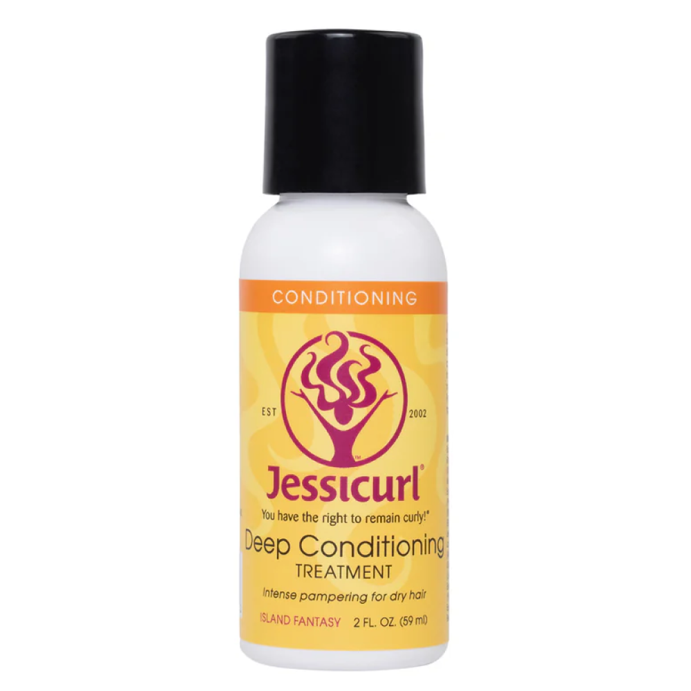 White Jessicurl Deep Conditioning Treatment bottle with black cap and yellow-orange label.