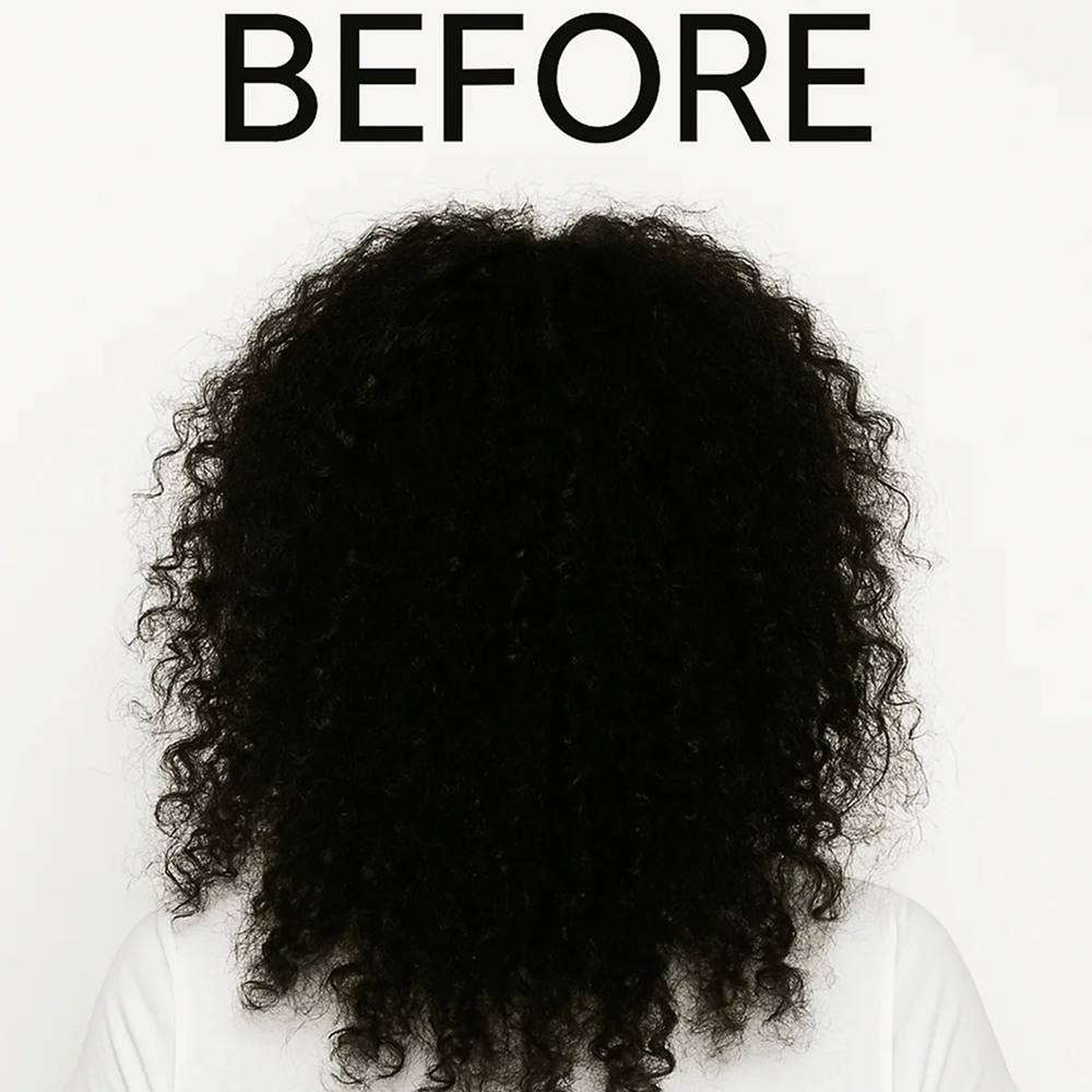 Back of a person's head with dry, undefined, dark curly hair before using curl defining gel.