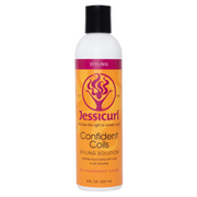 White bottle of Jessicurl Confident Coils Styling Solution with an orange and pink label and black cap.