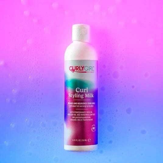 Curly Girl Movement Curl Styling Milk 250ml bottle with a colorful, iridescent label on a pink and blue background.