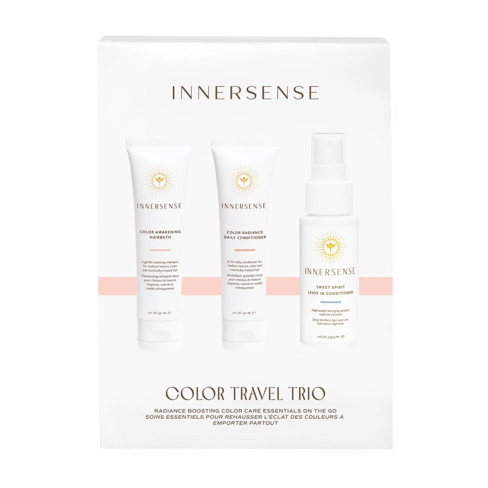 Innersense Color Travel Trio: white tubes of Hairbath & Daily Conditioner, and a spray bottle of Leave-In.