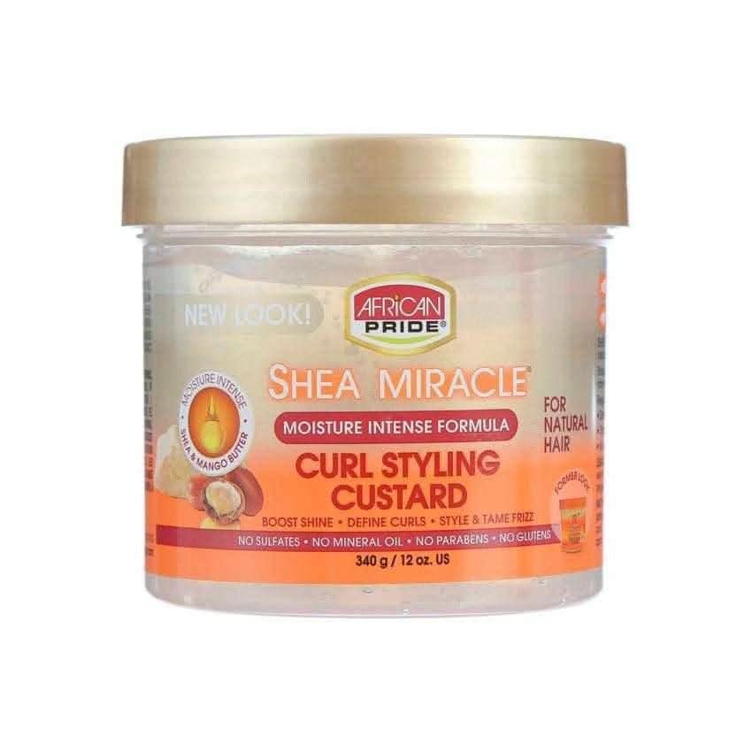 African Pride Shea Miracle Curl Styling Custard, 340g clear jar with gold lid, orange label.