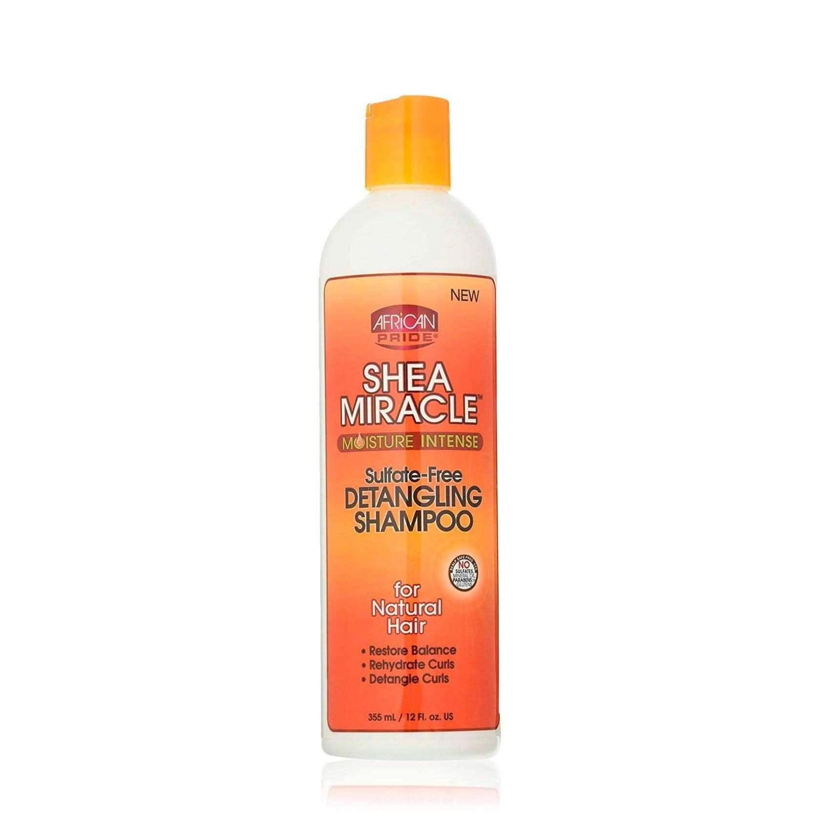 African Pride Shea Miracle Detangling Shampoo, 355ml white bottle with orange label and cap.