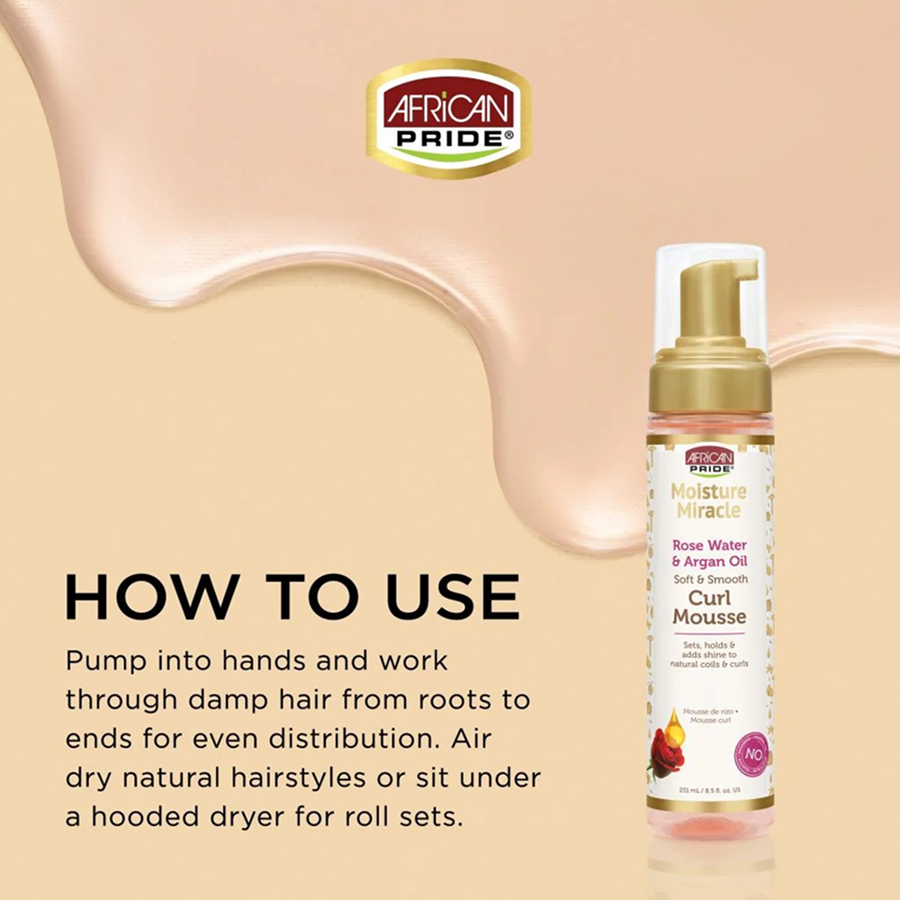 African Pride Moisture Miracle Curl Mousse, 251ml gold pump bottle with rose water & argan oil.