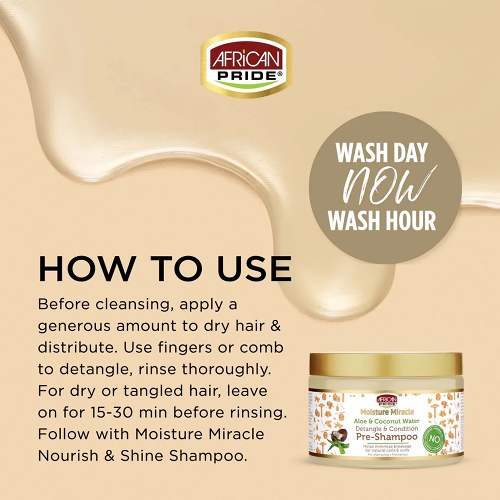 African Pride Moisture Miracle Pre-Shampoo jar with aloe & coconut water, instructions, and product swirl.