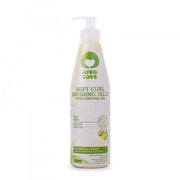 Afro Love Soft Curl Defining Jelly Frizz Control Gel in a white pump bottle with green olive and aloe vera accents.