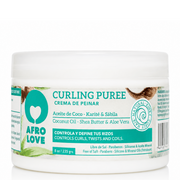 Afro Love Curling Purée Styling Cream in a white 8 oz jar with teal and brown label.