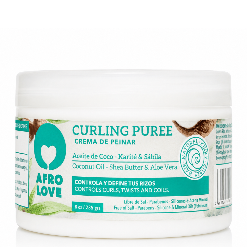 Afro Love Curling Purée Styling Cream in a white 8 oz jar with teal and brown label.