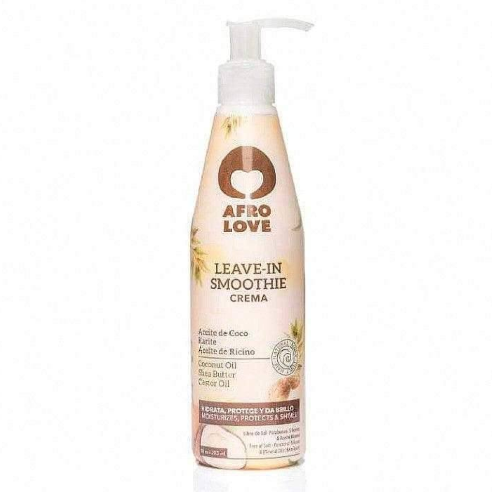 Afro Love Leave-in Smoothie, a white pump bottle with a brown label, coconut, and shea butter graphics.
