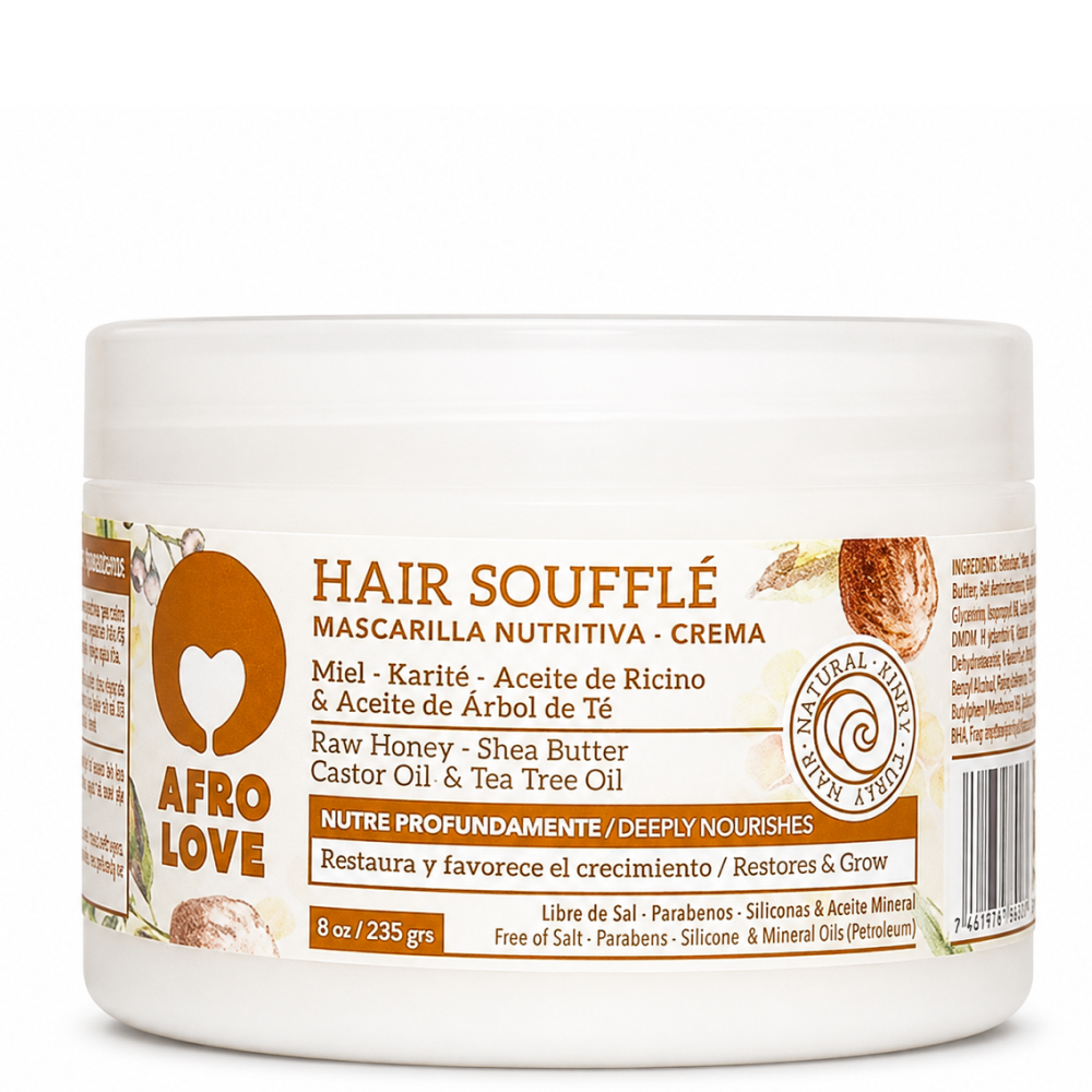 Afro Love Hair Soufflé, a white jar with brown and green label, 8 oz.