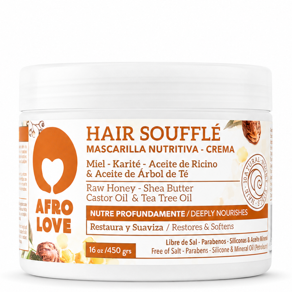 White Afro Love Hair Soufflé jar with orange and brown label, featuring honey, shea butter, and plant oils.
