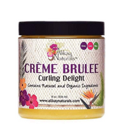 Alikay Naturals Creme Brulee Curling Delight, 8 oz jar with floral label, black lid.