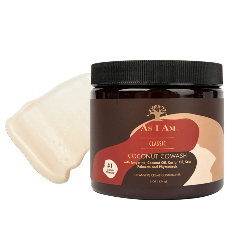 As I Am Classic Coconut Co-Wash 16oz brown jar with black lid and a creamy white product swatch.