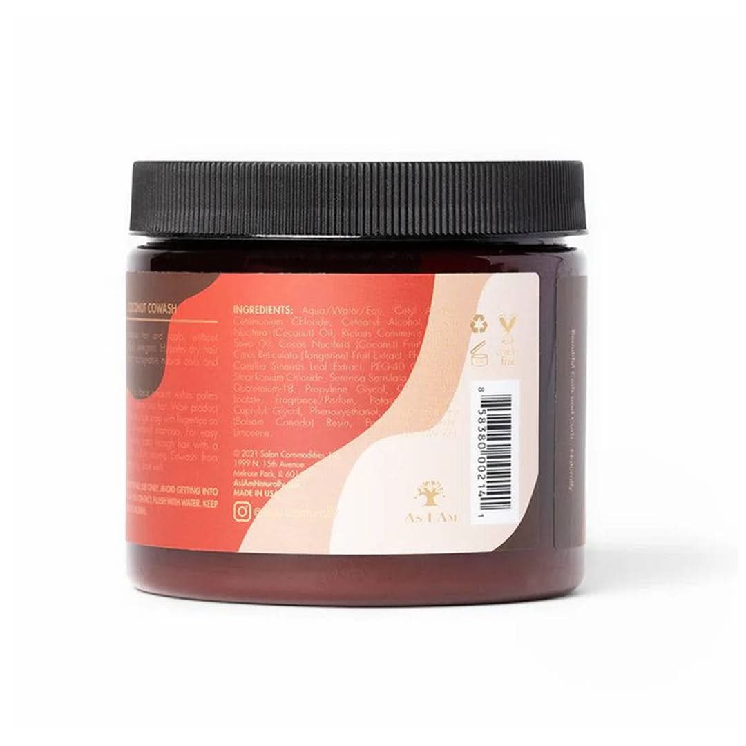 As I Am Classic Coconut Co-Wash 16oz, a dark brown jar with a black lid, showing product details.