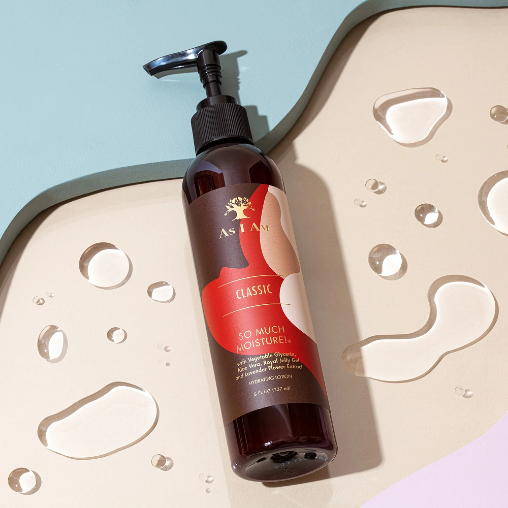 As I Am Classic So Much Moisture Hydrating Lotion 237ml, dark brown bottle with pump, on a beige and blue background with water droplets.
