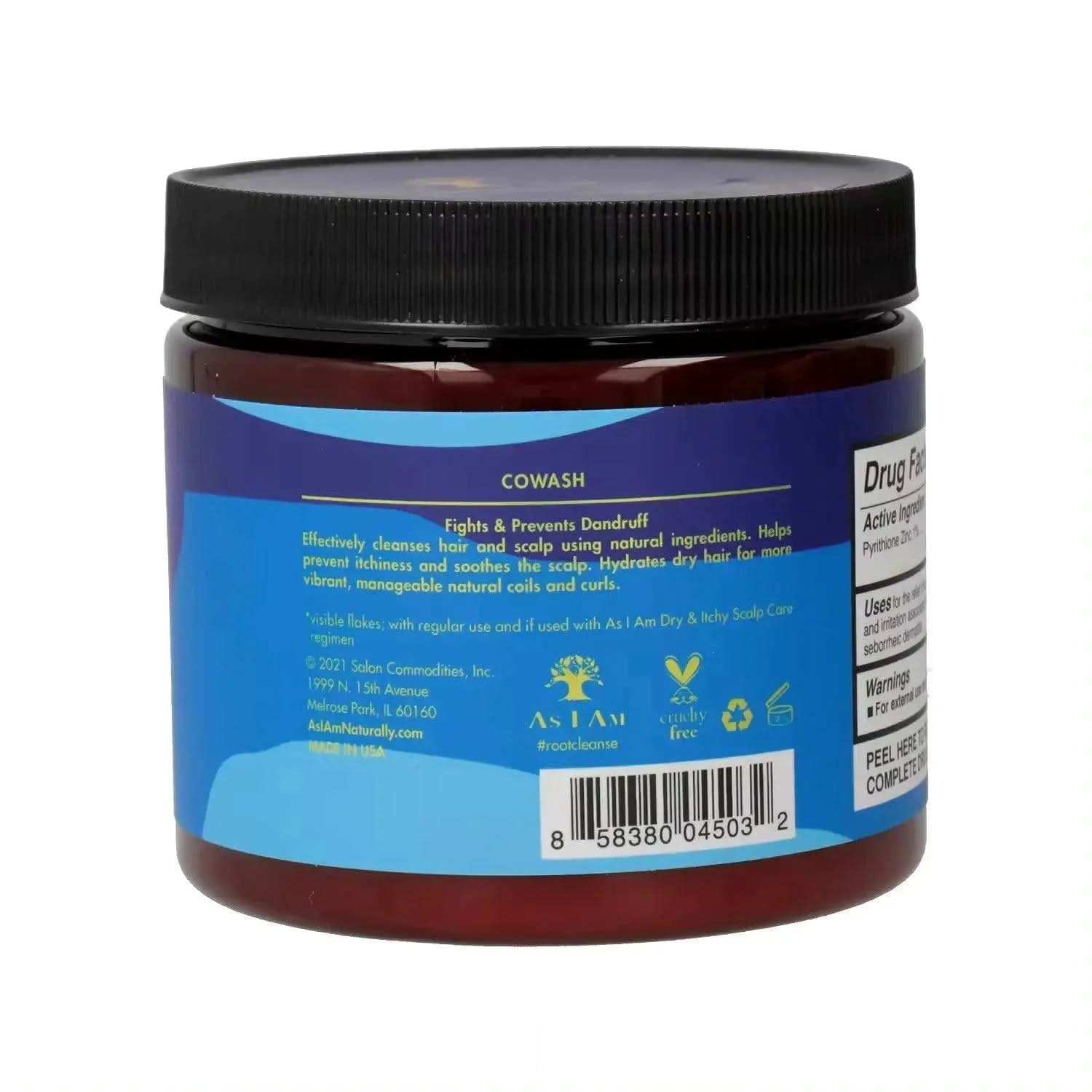 As I Am Dry & Itchy Co-Wash 454g in a dark red jar with a black ribbed lid, showing the blue label with product details.
