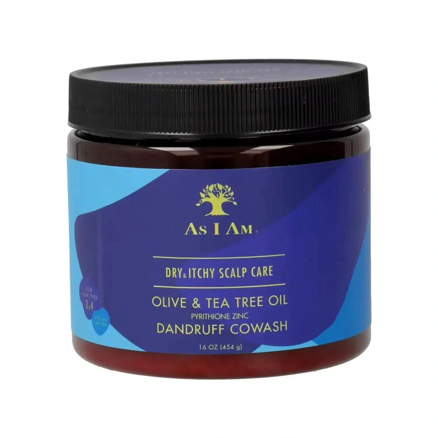 As I Am Dry & Itchy Scalp Care Dandruff Cowash, 454g jar with black ribbed lid and blue label.
