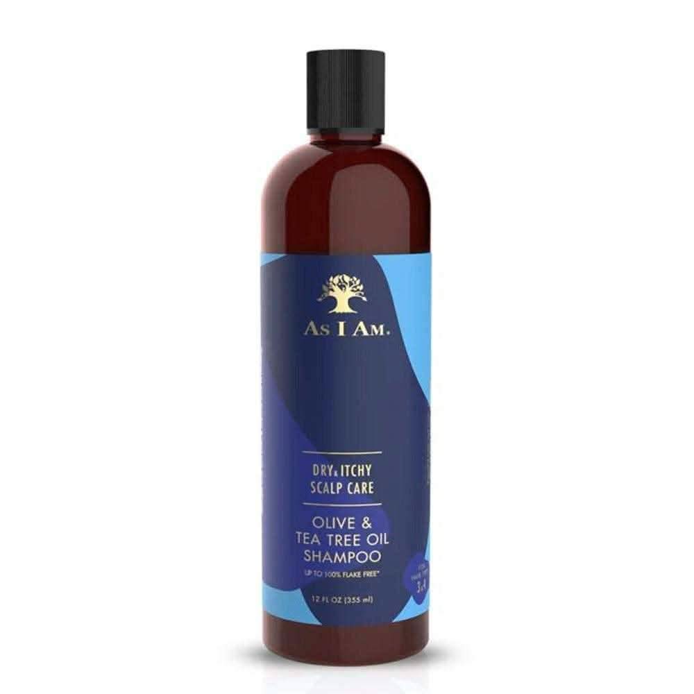 As I Am Dry & Itchy Scalp Care Olive & Tea Tree Oil Shampoo, 355ml, in a dark brown bottle with blue label.