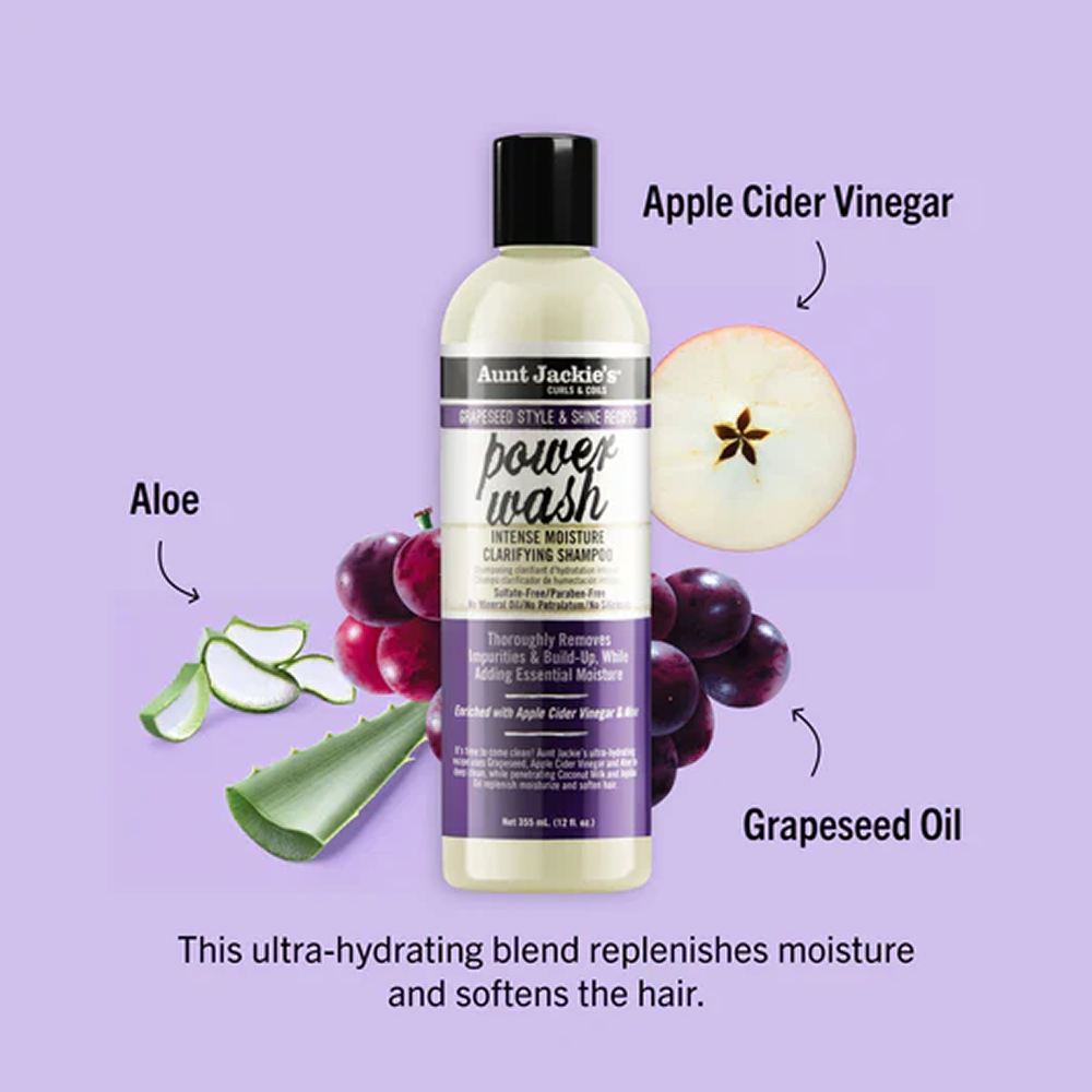 Aunt Jackie's Grapeseed Power Wash clarifying shampoo, 355ml, with grapes, aloe, and apple slice.