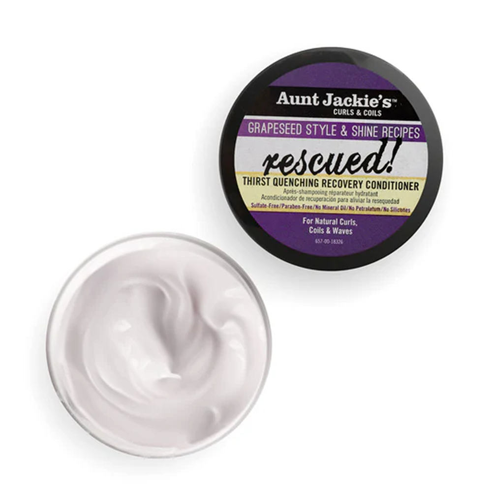 Aunt Jackie's Grapeseed Rescued! Thirst Quenching Recovery Conditioner in a black and purple jar with creamy white product.