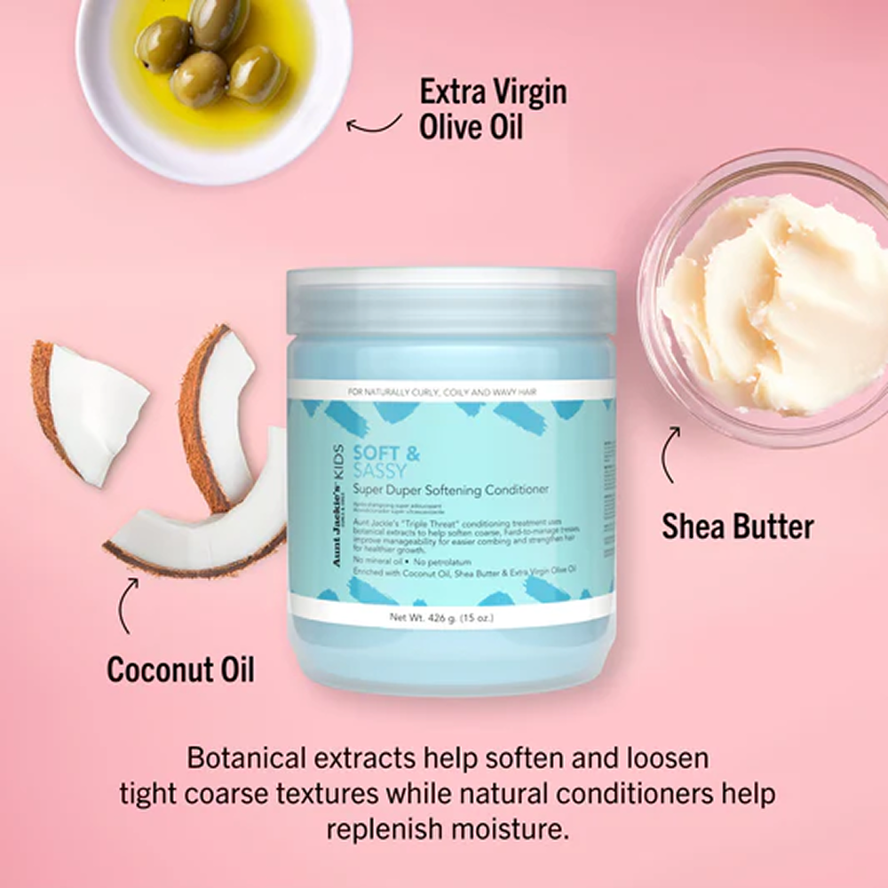 Aunt Jackie's Kids Soft & Sassy Super Softening Conditioner 426g jar with coconut oil, olive oil, and shea butter.