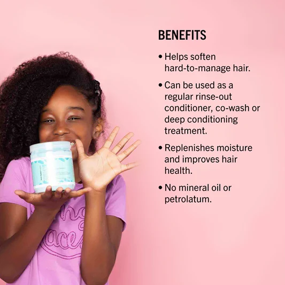 Smiling child holding a white and blue jar of Aunt Jackie's Kids conditioner, with product benefits listed.