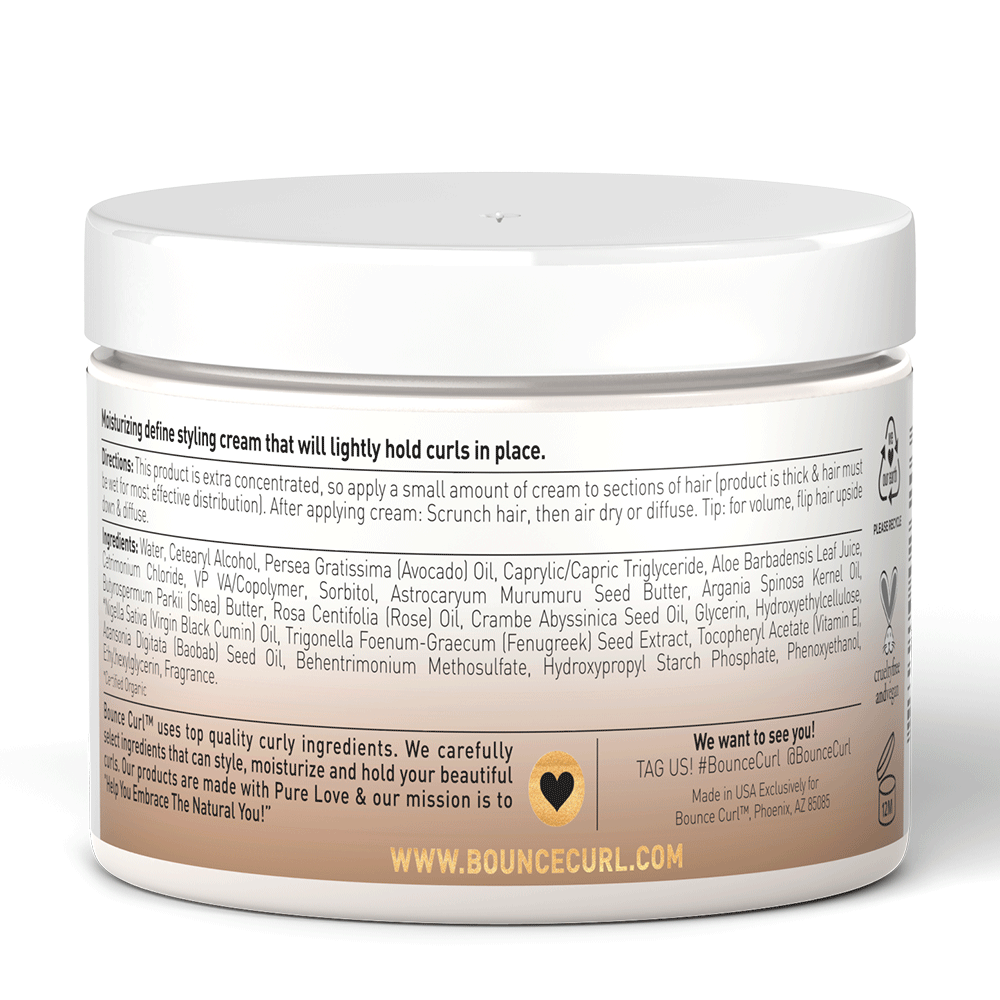White jar of Bounce Curl Avocado & Rose Oil Clump & Define Cream with product details and ingredients.
