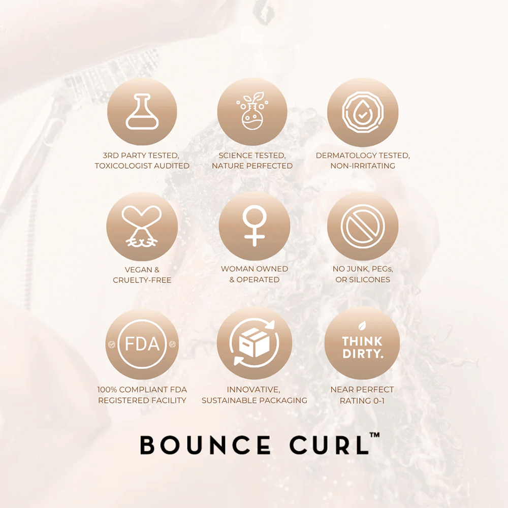 Nine bronze circular icons on a light background, detailing Bounce Curl's product benefits and certifications.