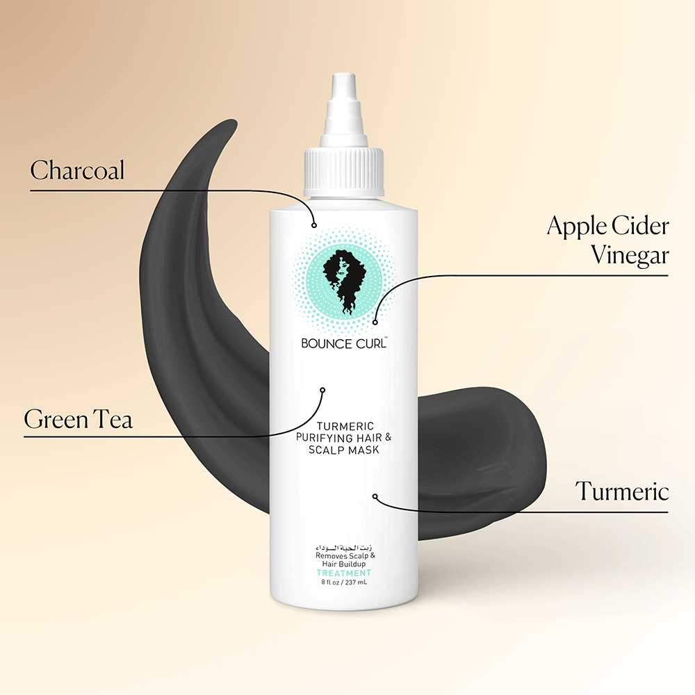 White Bounce Curl Turmeric Purifying Hair & Scalp Mask bottle with black charcoal swirl and ingredient labels.