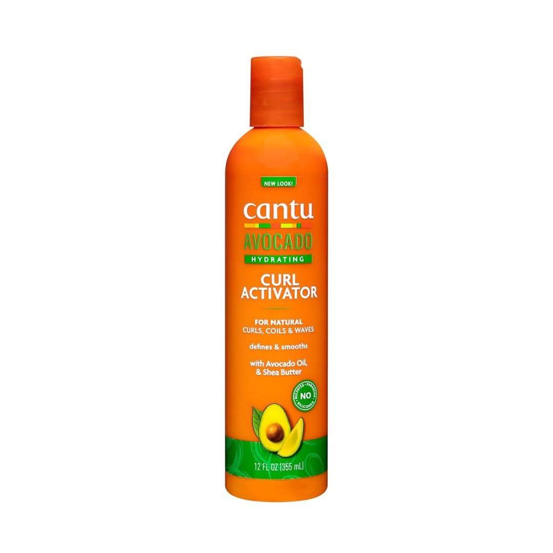 Orange Cantu Avocado Hydrating Curl Activator Cream 355ml bottle with green label and avocado graphic.