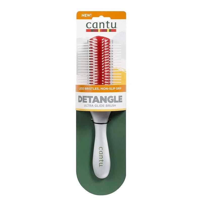 Cantu Detangle Ultra Glide Brush with white handle, red bristles, and clear packaging.